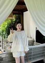 TB8263-Set áo tay bo thun+quần short thêu hoa nổi CC Kem