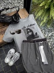 VGU0279-Set áo thun in hình, CV dài sọc Xám