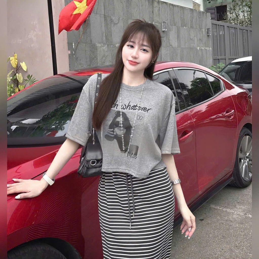VGU0279-Set áo thun in hình, CV dài sọc Xám