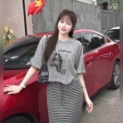 VGU0279-Set áo thun in hình, CV dài sọc Xám