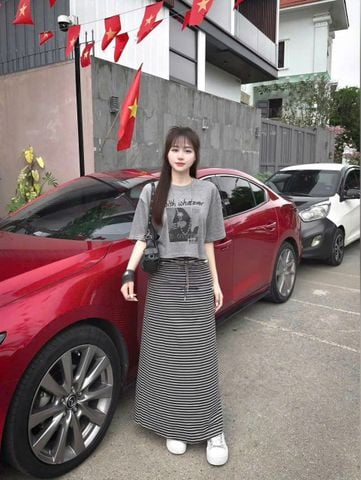 VGU0279-Set áo thun in hình, CV dài sọc Xám