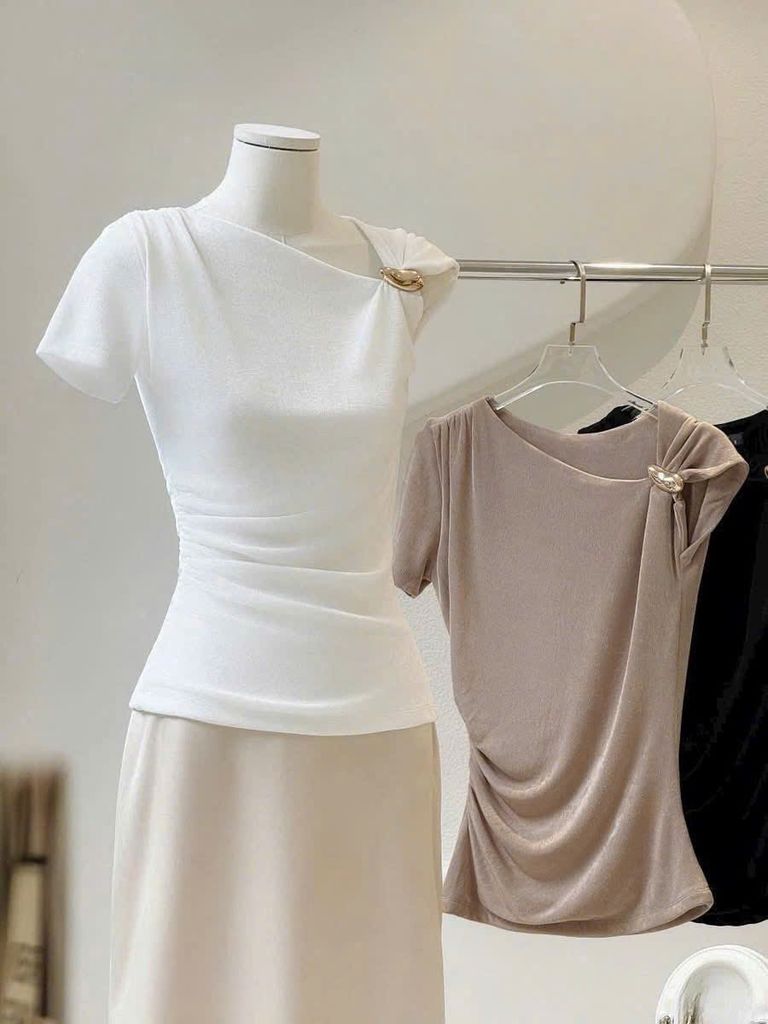 VRA0615-Áo thun kiểu nhúng eo,vai đính tag Trắng (áo lẻ)