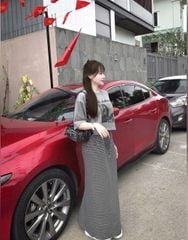 VGU0279-Set áo thun in hình, CV dài sọc Xám