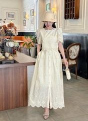 KS0738-Set kate thêu hoa lỗ, áo+CV dài phối nút Kem