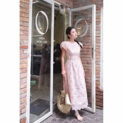 KS0753-Đầm kate thêu hoa Hồng Đậm