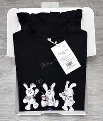 TB8292-Set áo thun in thỏ, quần short viền bèo Đen