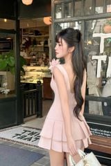 TB8163-Đầm TK vai đính hoa, tùng xếp ly tầng Hồng