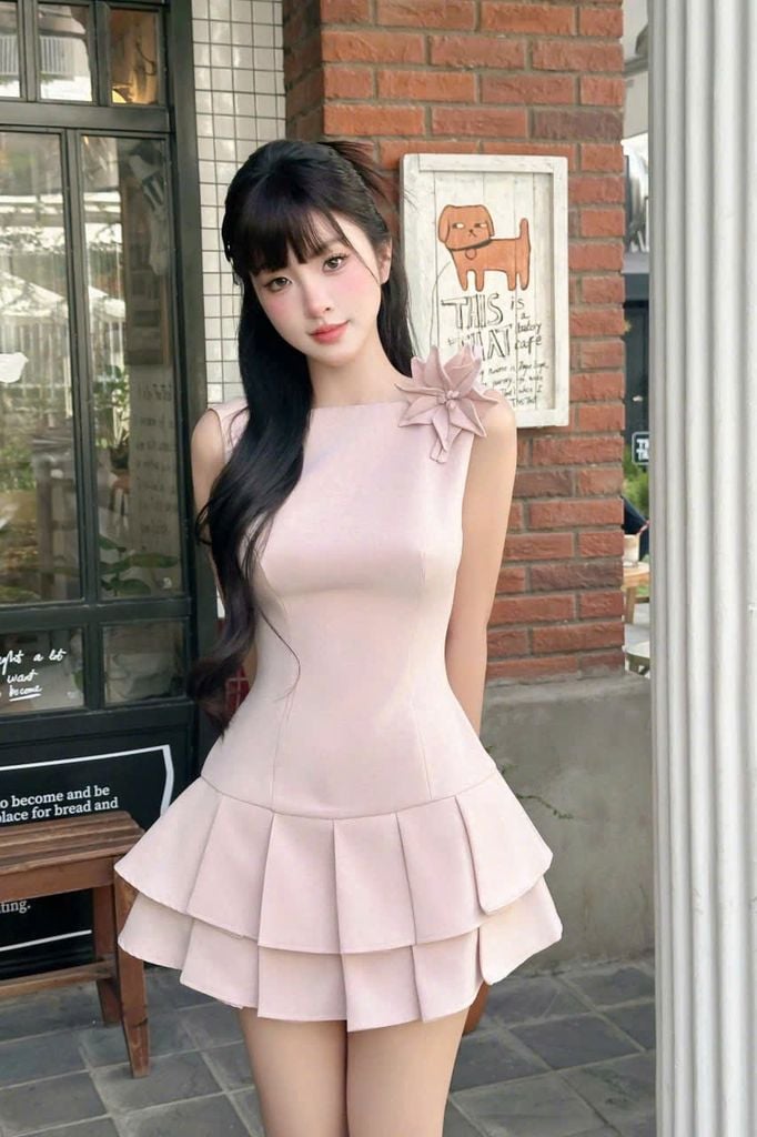 TB8163-Đầm TK vai đính hoa, tùng xếp ly tầng Hồng