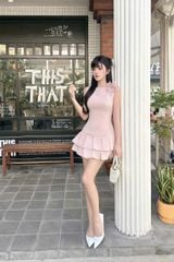 TB8163-Đầm TK vai đính hoa, tùng xếp ly tầng Hồng