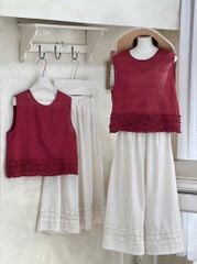 VGU0294-Set áo đỏ thêu chỉ+quần suông trắng nhúng viền bèo