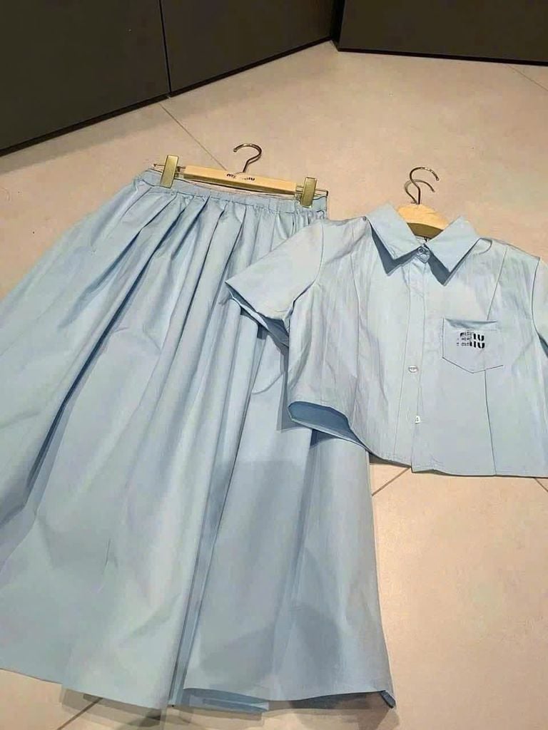 TQ4258-Set áo phối túi thêu miumiu, CV dài Xanh