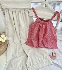 TQ4273-Set áo caro nhí cột dây vai, quần suông phối ren Kem