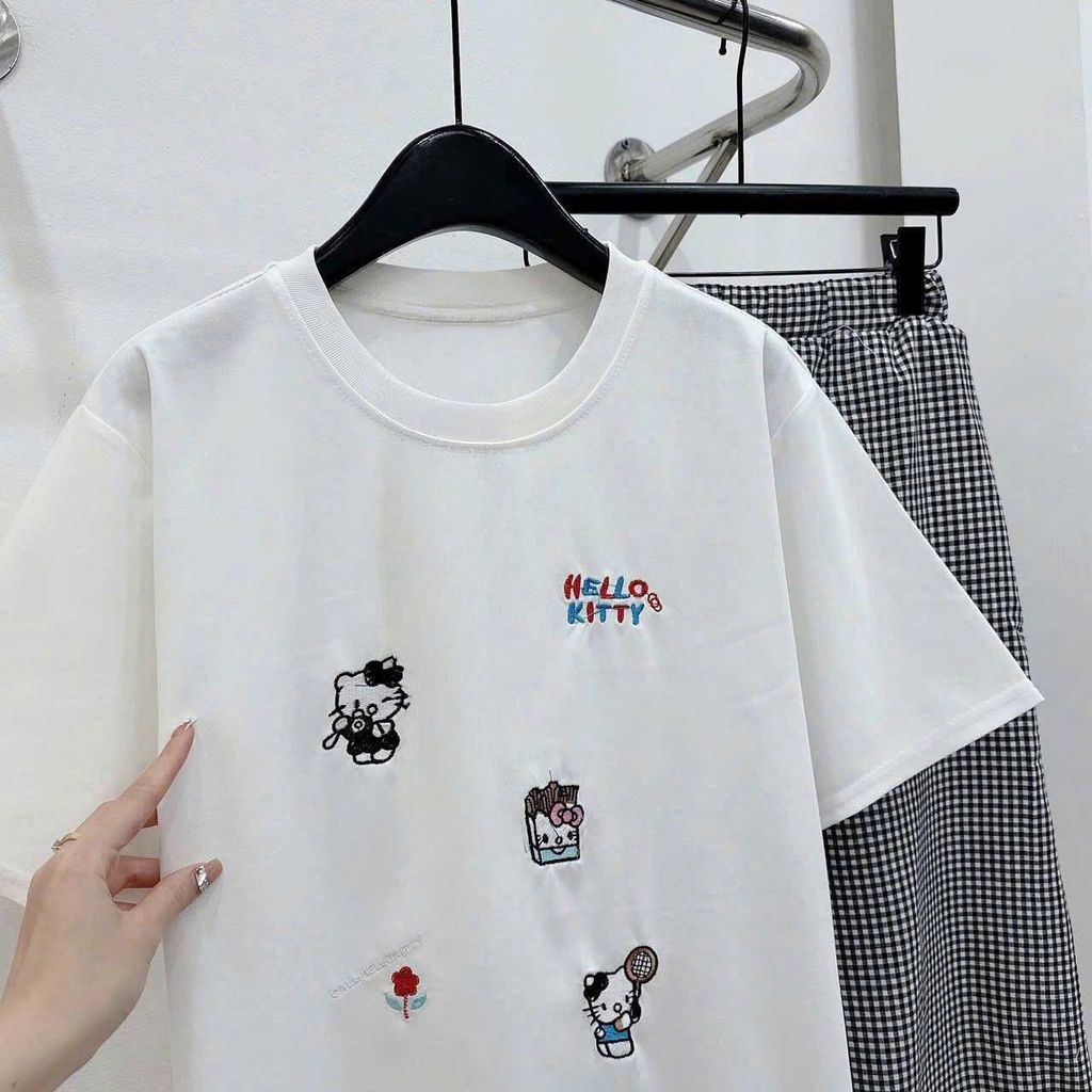 TQ4275-Set áo thun trắng in hình, quần caro nhí nhúng bèo