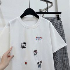 TQ4275-Set áo thun trắng in hình, quần caro nhí nhúng bèo