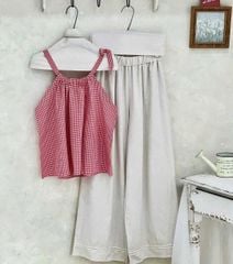 TQ4273-Set áo caro nhí cột dây vai, quần suông phối ren Kem