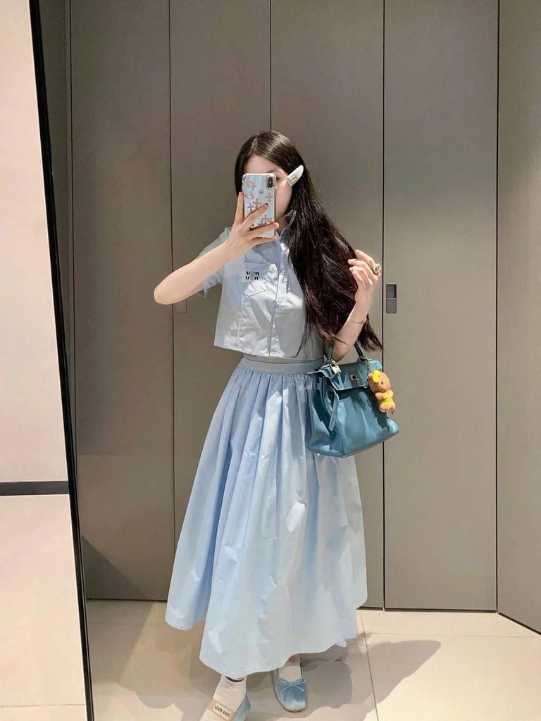 TQ4258-Set áo phối túi thêu miumiu, CV dài Xanh
