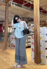 TQ4275-Set áo thun trắng in hình, quần caro nhí nhúng bèo