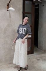 KS5118-Set áo thun sọc đen số 90, CV ren hoa Kem