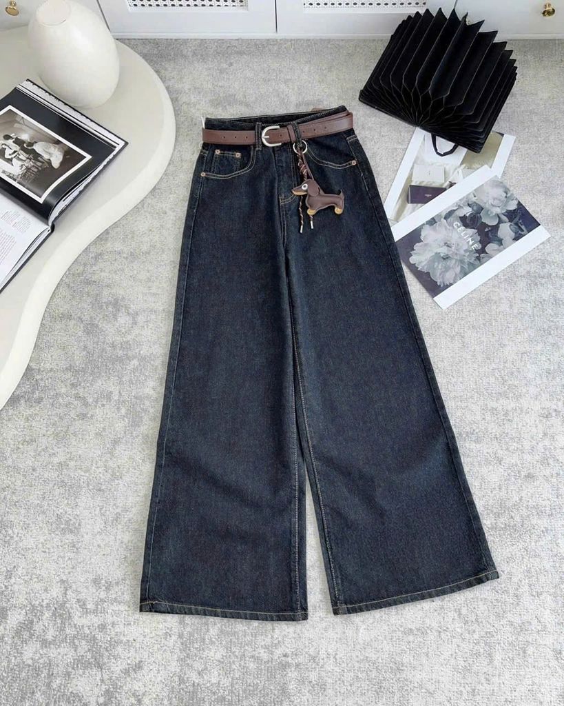 TB8207-Quần jean suông đính charm + Nịt (xanh)