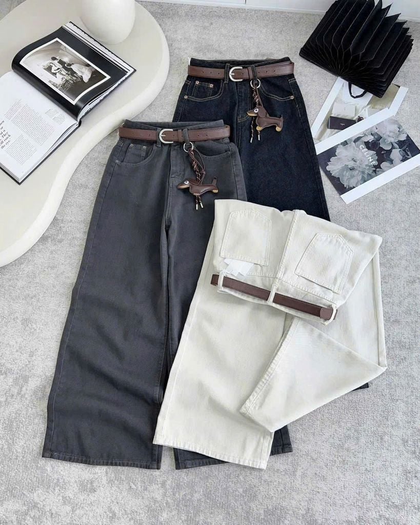 TB8207-Quần jean suông đính charm + Nịt (xanh)