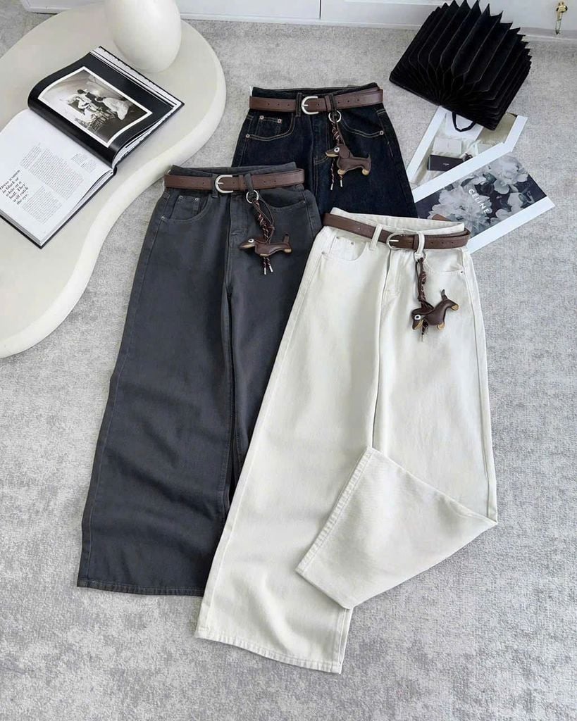 TB8207-Quần jean suông đính charm + Nịt (xanh)