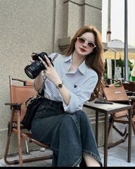 TB8286-Set áo sơ mi sọc thêu tim, CV jean CC