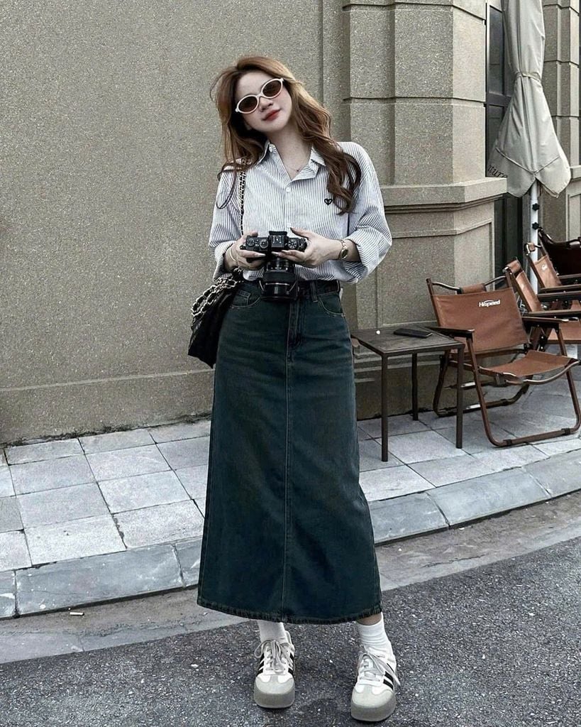 TB8286-Set áo sơ mi sọc thêu tim, CV jean CC