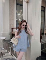 VGU0303-Set áo sát nách viền cổ kết hạt, quần short Xanh