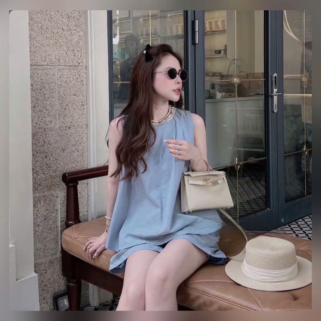 VGU0303-Set áo sát nách viền cổ kết hạt, quần short Xanh
