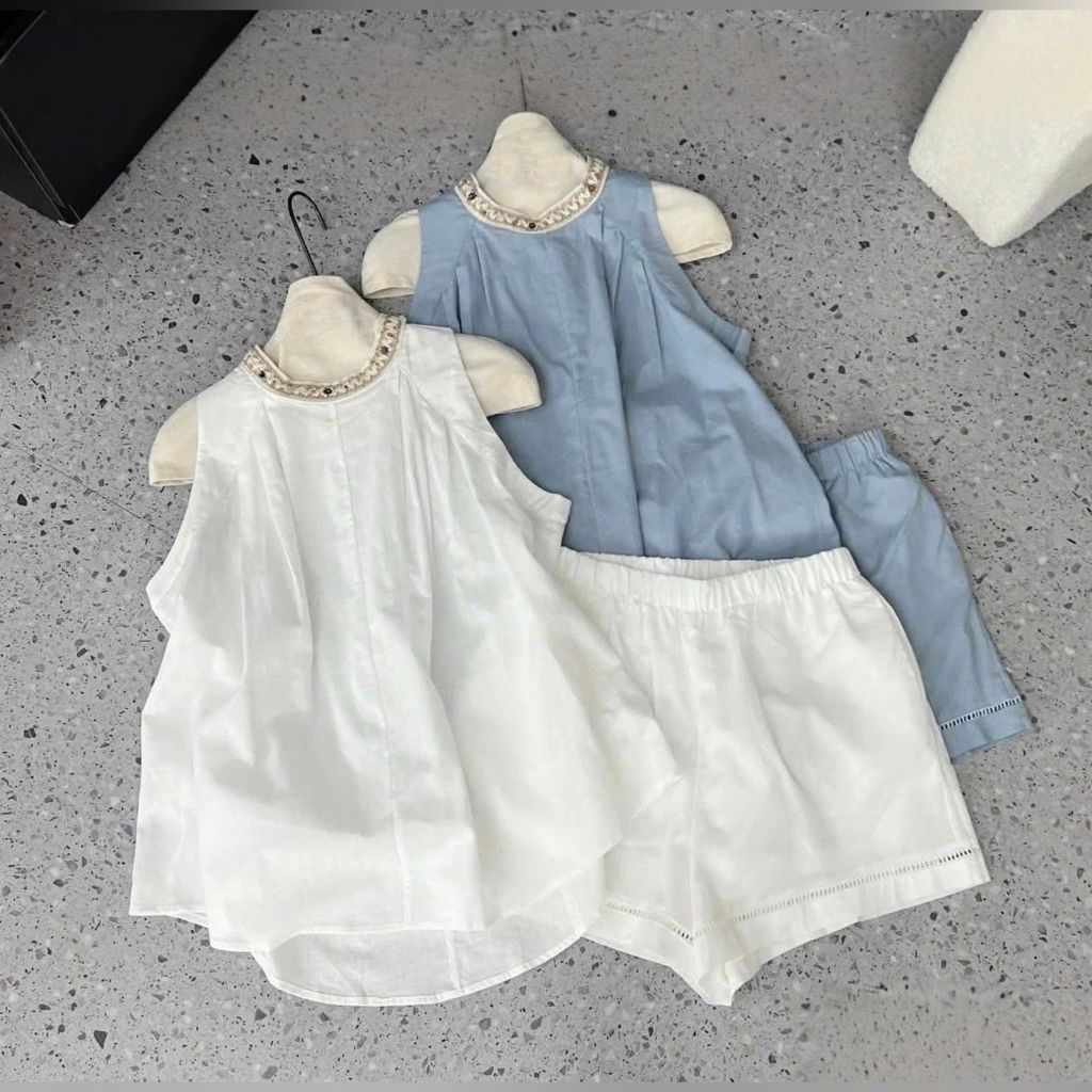 VGU0303-Set áo sát nách viền cổ kết hạt, quần short Xanh