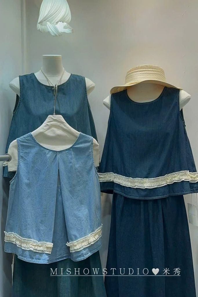 LEN3426-Áo jean sat nách phối viền ren Xanh Đậm
