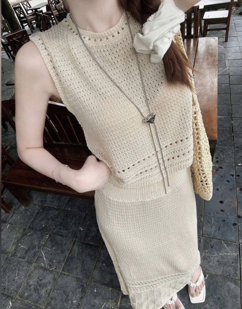 VGU0347-Set len hè, áo sát nách+CV dài Nâu