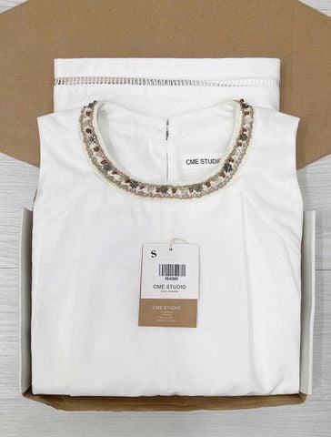 TQ4298-Set linen, áo phối viền cổ đính hạt+quần short Trắng