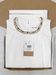 TQ4298-Set linen, áo phối viền cổ đính hạt+quần short Trắng