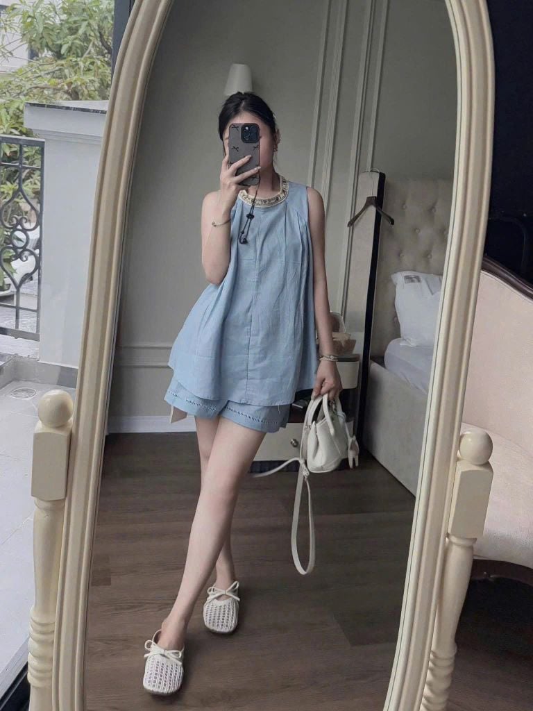 TQ4297-Set linen, áo phối viền cổ đính hạt+quần short Xanh