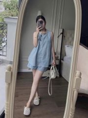 TQ4297-Set linen, áo phối viền cổ đính hạt+quần short Xanh