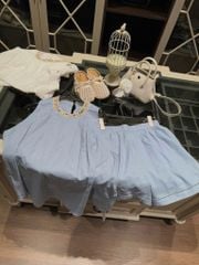 TQ4297-Set linen, áo phối viền cổ đính hạt+quần short Xanh
