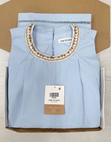TQ4297-Set linen, áo phối viền cổ đính hạt+quần short Xanh