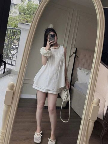 TQ4298-Set linen, áo phối viền cổ đính hạt+quần short Trắng