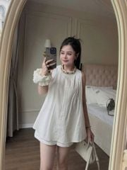 TQ4298-Set linen, áo phối viền cổ đính hạt+quần short Trắng