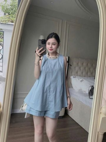 TQ4297-Set linen, áo phối viền cổ đính hạt+quần short Xanh