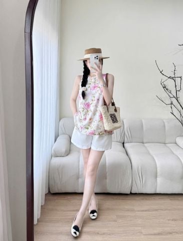 VGU0356-Set áo họa tiết hoa, quần short Trắng
