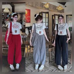 VGU0354-Set áo thun trắng in chữ, quần dài ống rút dây Đen (2 món)