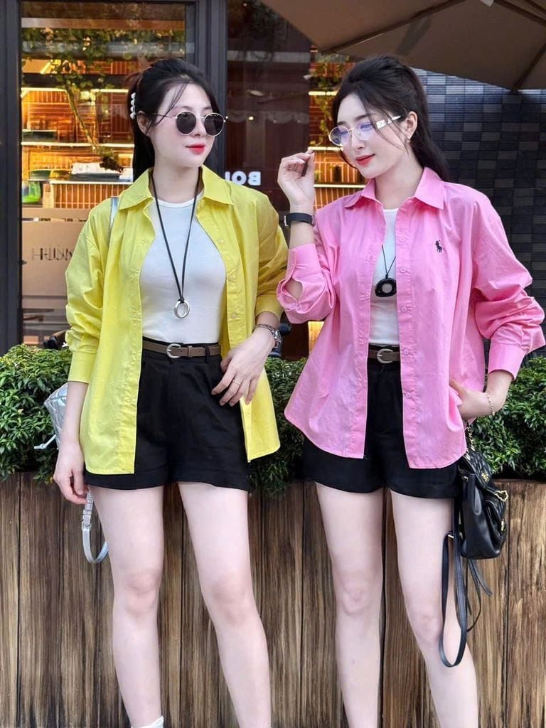 TB8313-Set áo sơ mi Hồng thêu ngựa+áo thun 3lỗ+quần short Đen +nịt