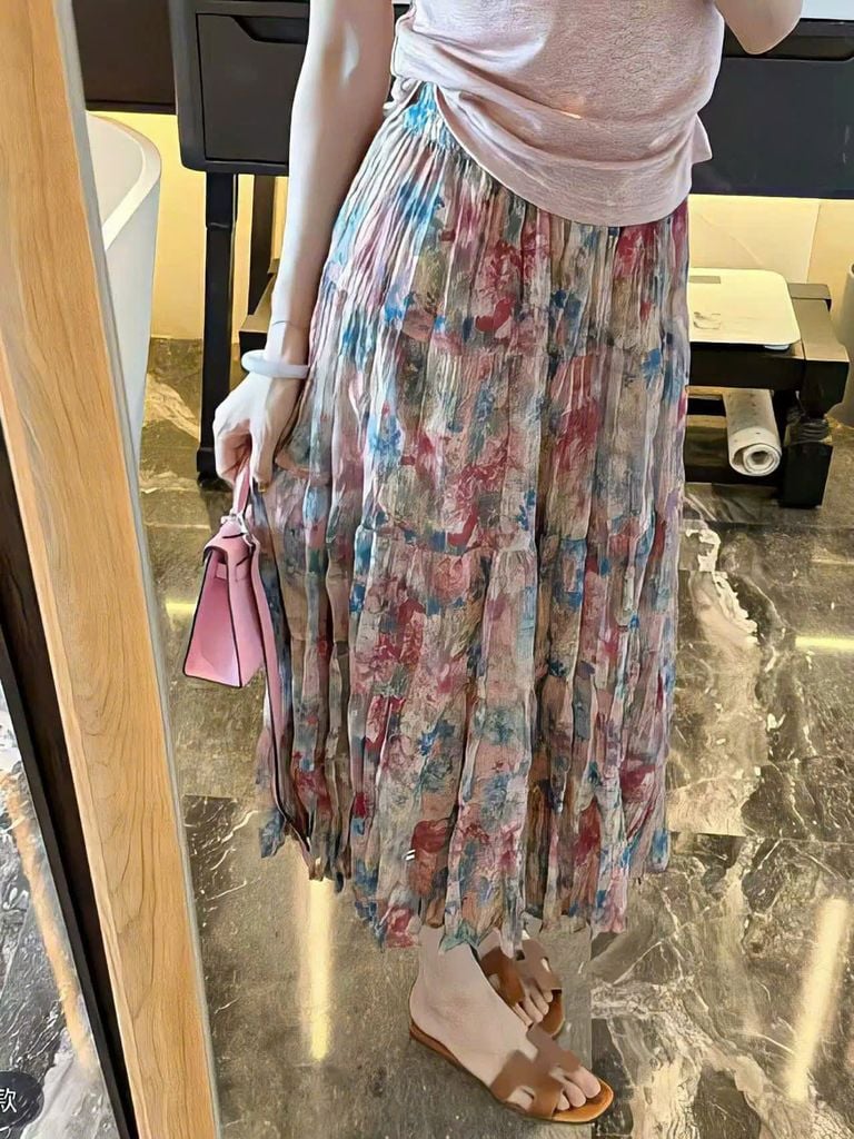 VGU0403-Set áo thun nhúng eo, CV hoa dài