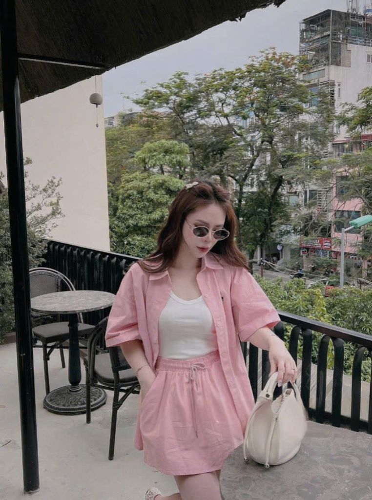 VGU0419-Set áo sơ mi thêu ngựa+áo thun 3 lỗ+CV ngắn Hồng