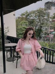 VGU0419-Set áo sơ mi thêu ngựa+áo thun 3 lỗ+CV ngắn Hồng