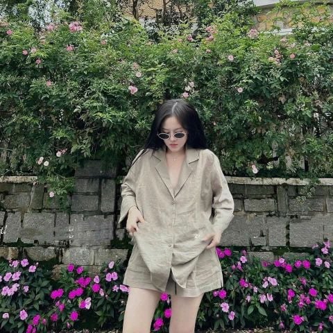 VRA0637-Set áo tay dài cổ vest, quần short