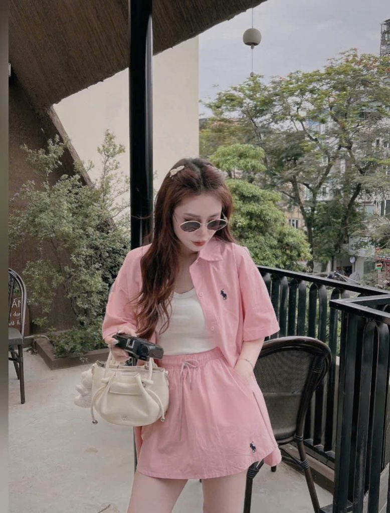 VGU0419-Set áo sơ mi thêu ngựa+áo thun 3 lỗ+CV ngắn Hồng