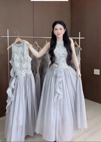 VGU0420-Đầm TK phối tùng eo đính hoa Xám